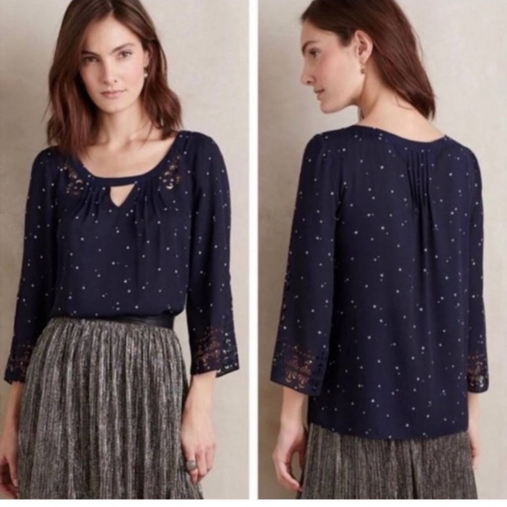 Anthropologie Maeve Navy Blue Celestial Laser Cut Top Sz 2